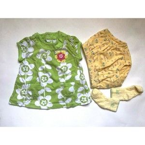 Girl's Size 3M 0-3 Months 3 Pc Carter's Green Floral Pocket Dress, Diaper Cover+